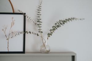 Eucalyptus and a framed print on a mantel